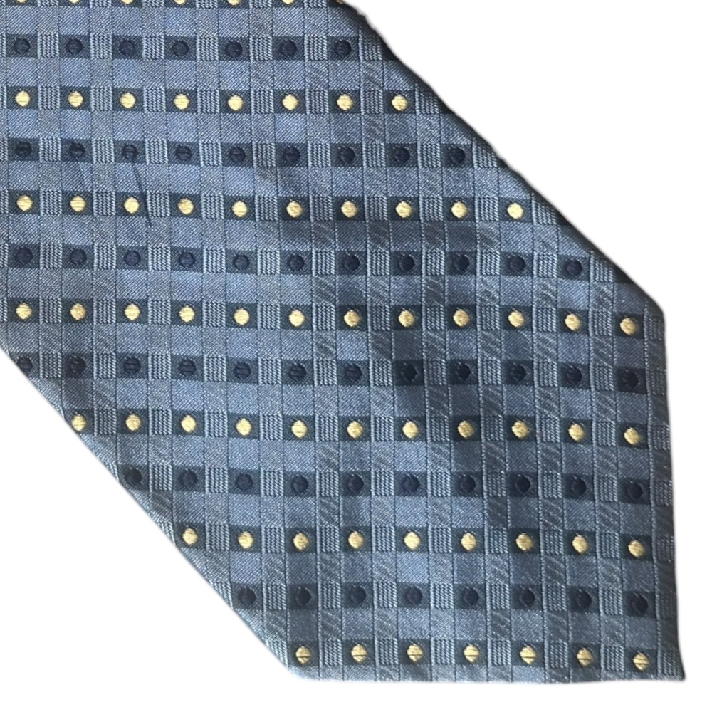 Valentino Italy Silk Tie Blue Yellow Geometric Diamond Dot Handmade Mens Necktie
